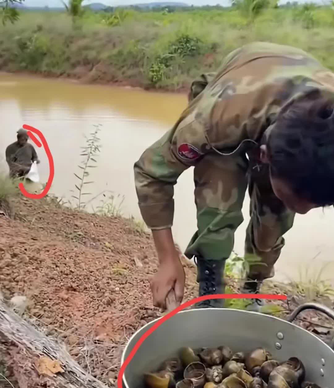 洪森就拿这个考验部队战斗力？
怪不得打不过泰国，士兵自己下水捞点福寿螺上来用水