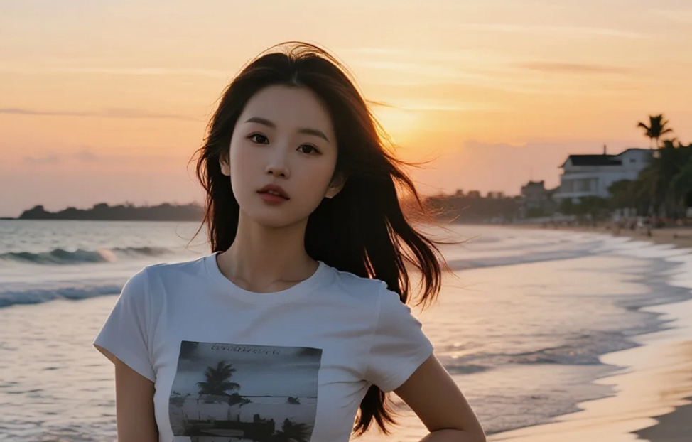 她走过海边，留下一串柔光闪烁的回忆