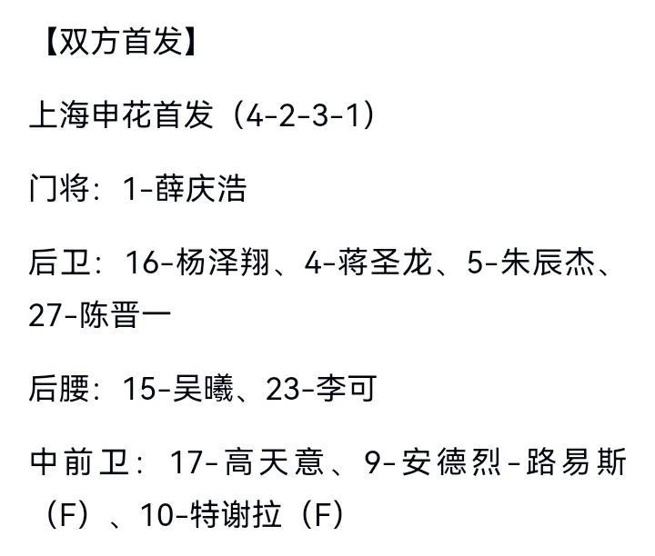 申花首发出炉！争取本轮结束优势来到6分！杨泽翔重回首发！刘诚宇继续替补！我们看到