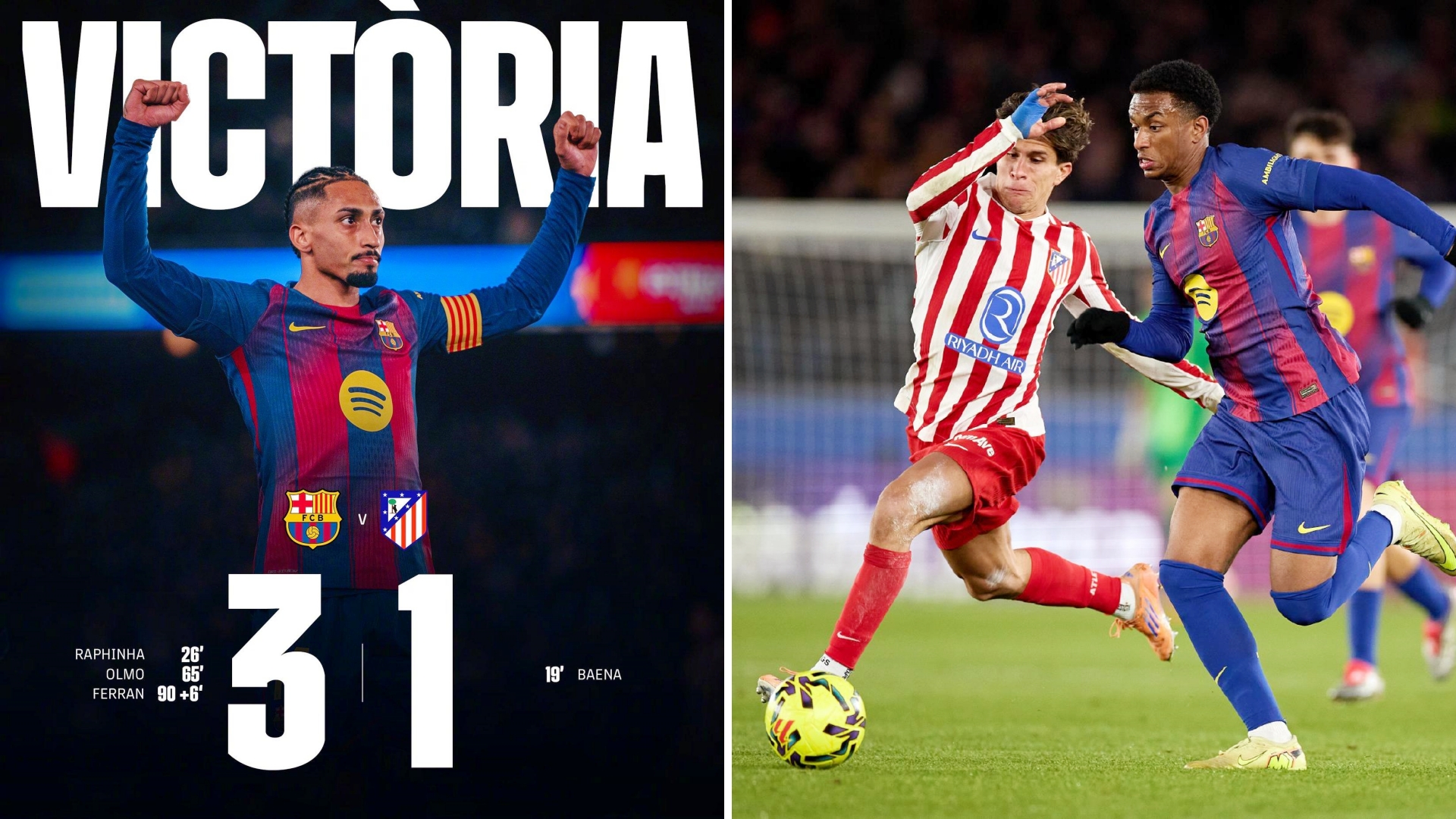 西甲：巴塞罗那主场3-1逆转马德里竞技，先赛以4分领跑。
拉菲尼亚建功，奥尔莫破