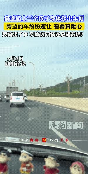 无知的家长，淘气的孩儿。
在高速上飞奔，速度至少100以上，三个孩子的屁股好似都