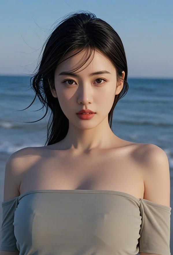 青丝垂瀑掩玉靥，浅笑嫣然百媚藏
