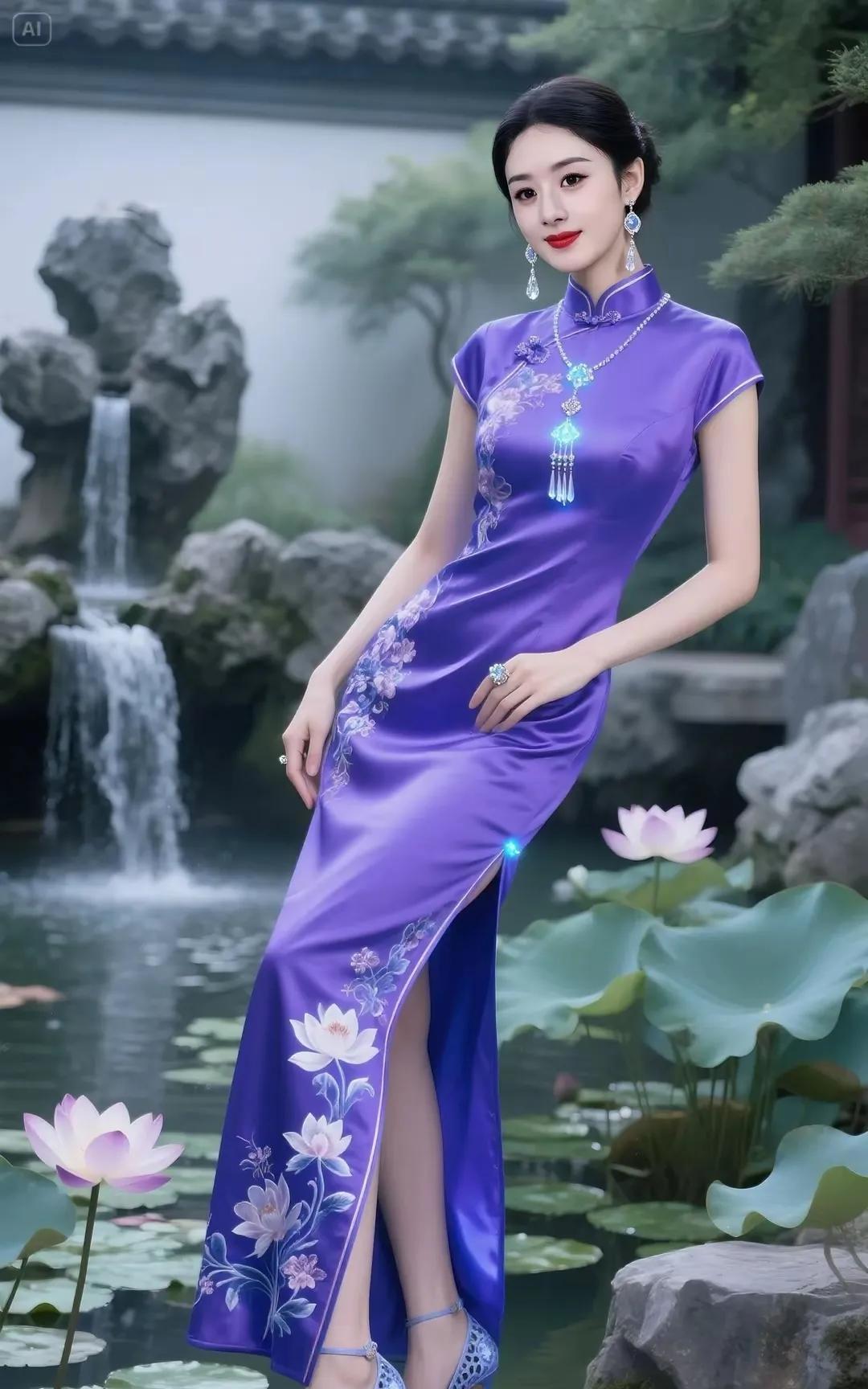 赵丽颖穿旗袍的样子很美！很秀美，很优雅，一双迷人的大眼睛，忽闪忽闪，赵丽颖穿紫色