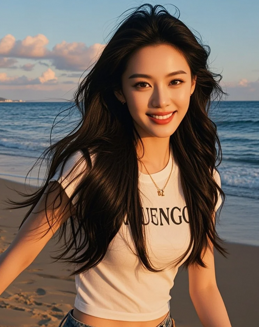 在金色的沙滩上，她如一幅流动的画卷，长发、T恤与海风共谱星光乐章