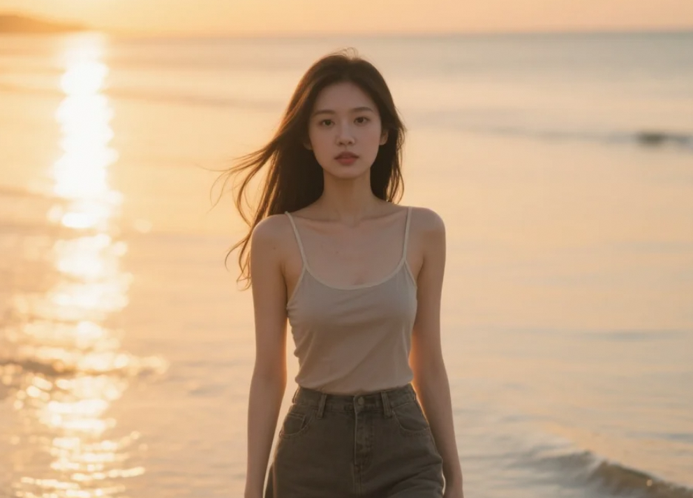 落日为她加冕，她在海边走出电影感大片