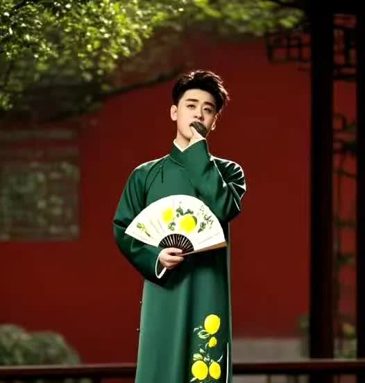柠檬微光映笑颜，
绿海如潮，少年立台前。
一袭长衫风采现，
歌声清越绕梁间