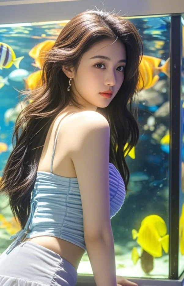 海洋馆光影中，女生与海洋精灵共绘清新画卷