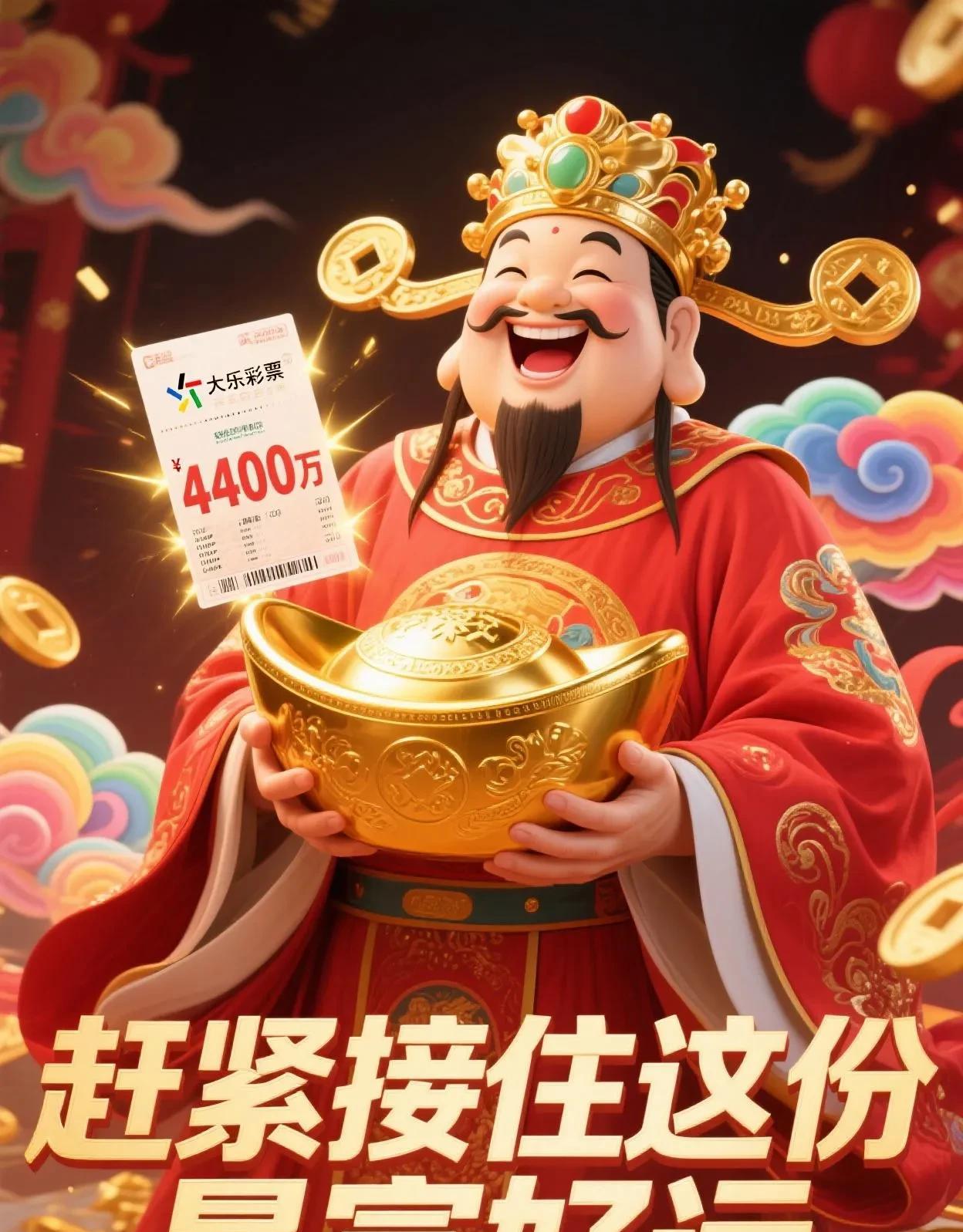 财神爷带着大乐透4400万来啦，
赶紧接住这份暴富好运！