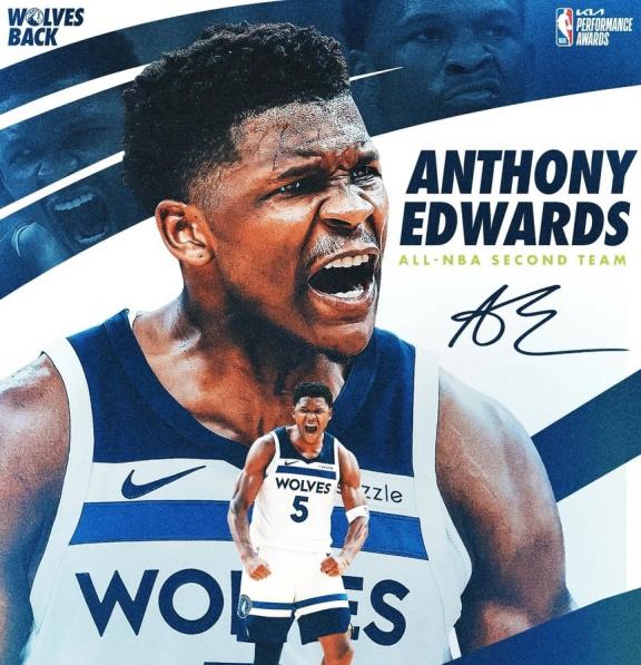 爱德华兹要成第一人了

NBA官方24号公布了本赛季最佳阵容名单，森林狼球星
