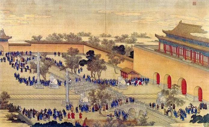 《胪欢荟景图册》局部“珠联璧合”，展示乾隆年间各国使者带着奇珍异宝在天安门外等候