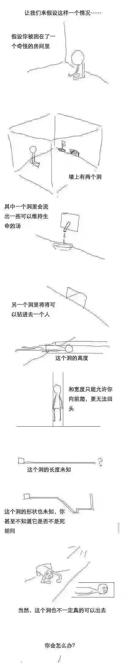 这个选择真的太难了！假设你被困在了一个奇怪的房间，墙上有两个洞，其中一个洞会流出