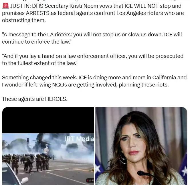国土安全部部长克里斯蒂·诺姆警告，移民及海关执法局(ICE)绝不会停止，并将逮捕