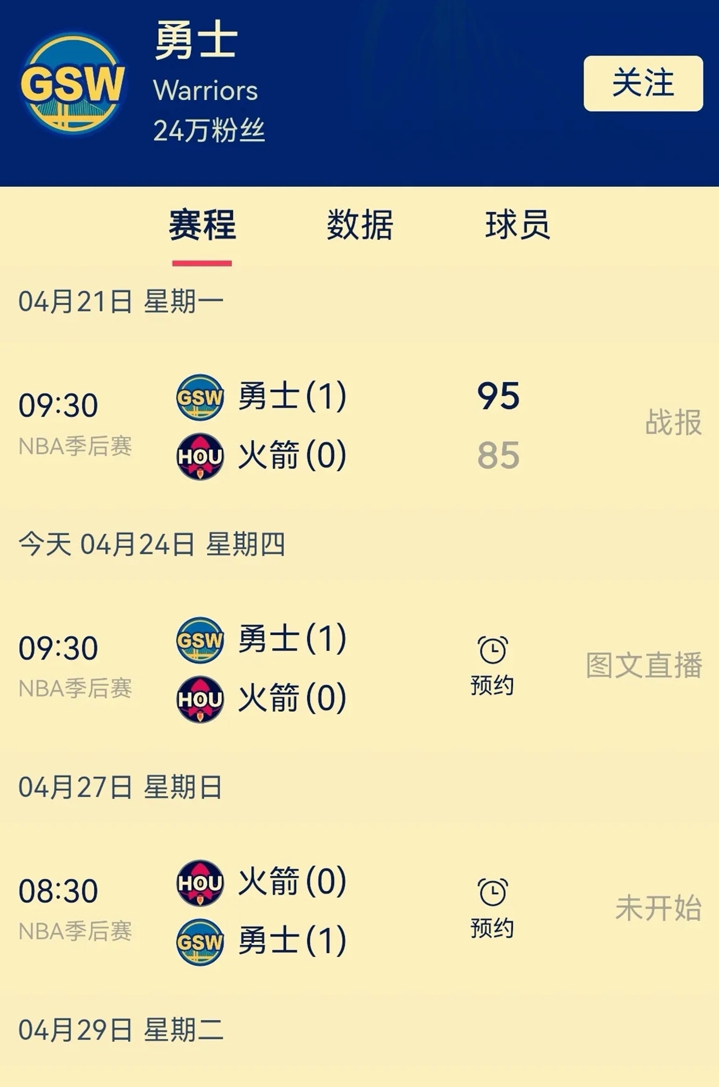 季后赛前四场，勇士赛程间隔9天，快船却只有8天！这对于年龄、水平都相近的球队，差