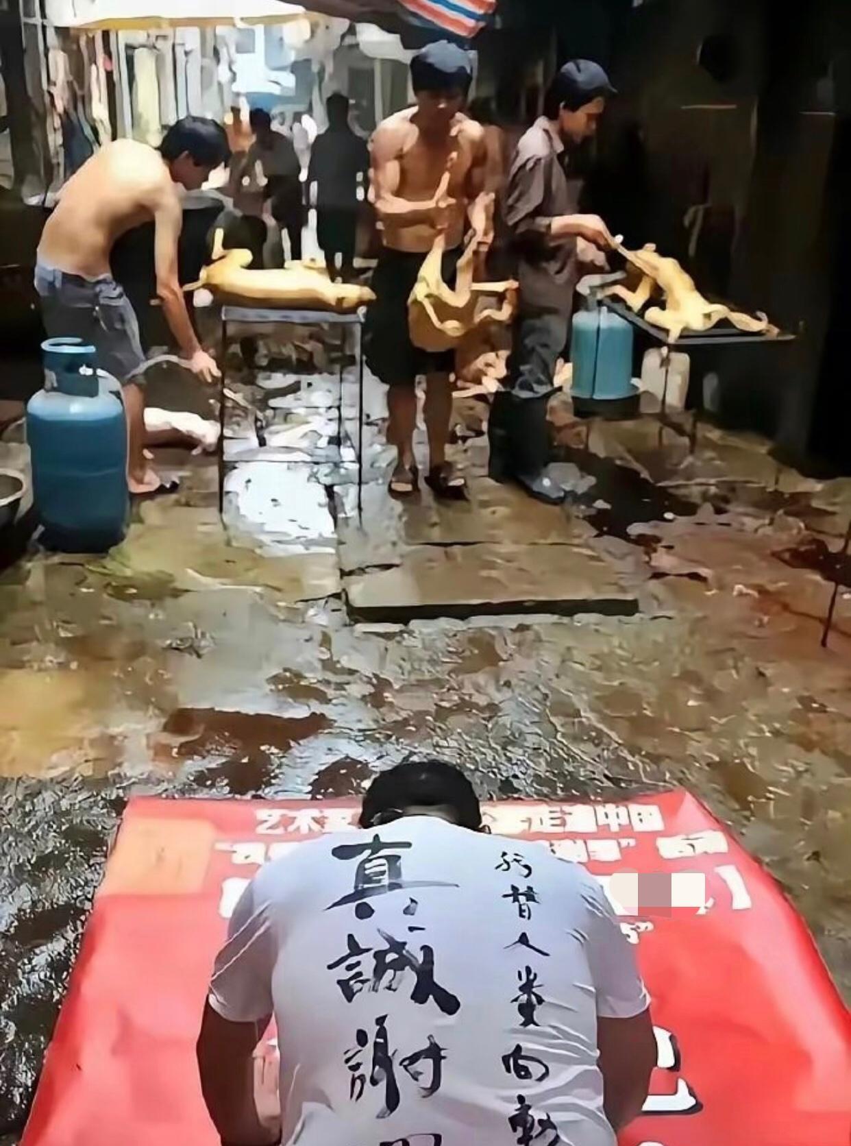 某“动保者”跪在地上，衣服上用繁体字写着：“我‘替’人类向动物真诚的‘谢罪’。”