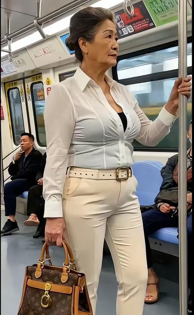 这位奶奶，是偷了儿媳妇的衣服穿吗？从衬衫到裤子，都小了两个码……
不过她气场好高