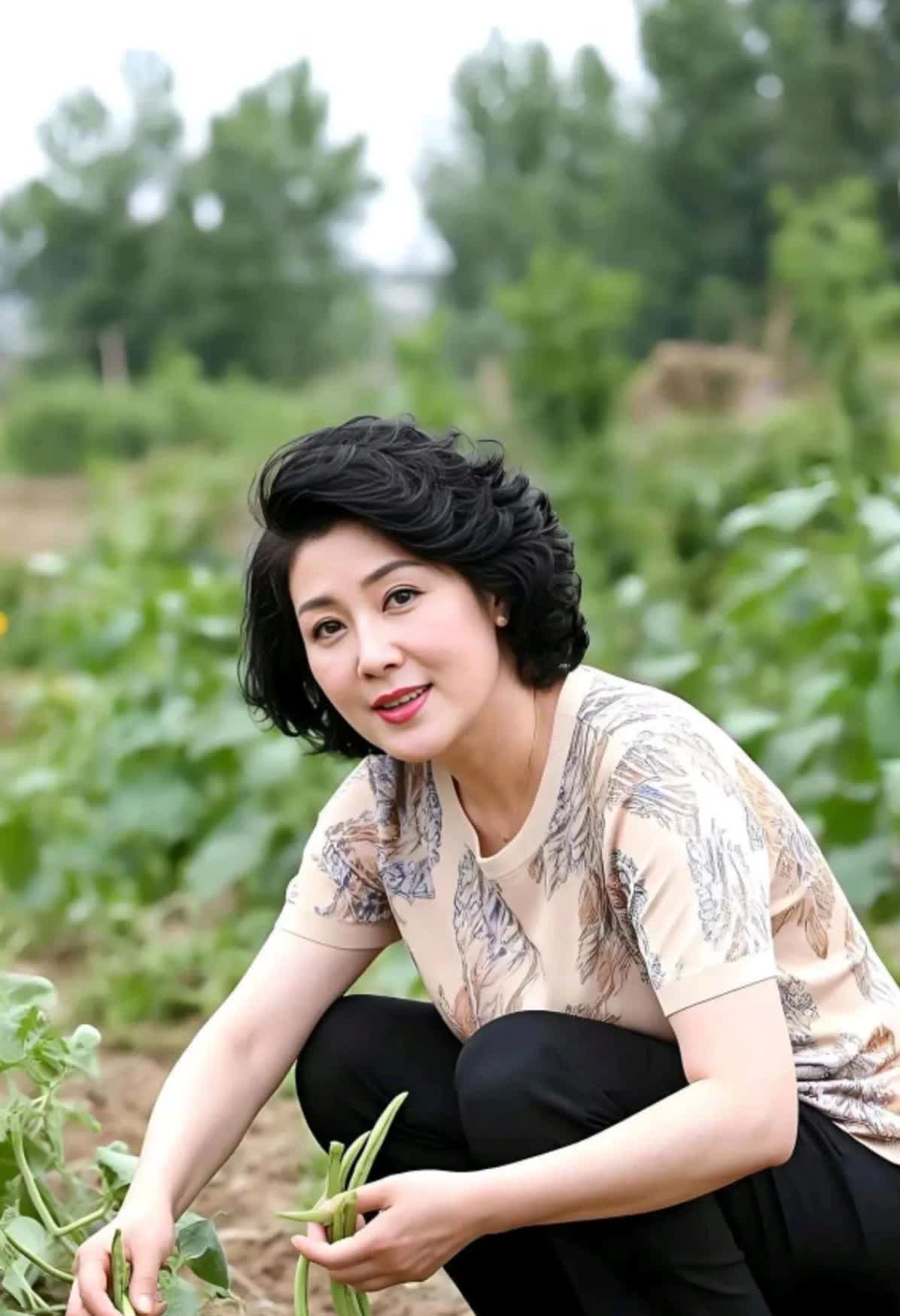 女子在摘四季豆，
表面光鲜心难受。
一人单过也犯愁，
………………………
