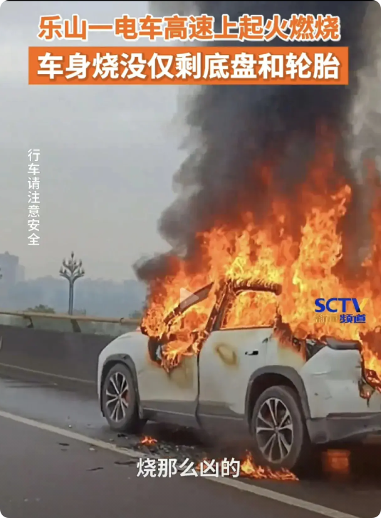 “烧的就剩地盘和轮胎了！”4月5日 四川乐山高速上，电车着火，迅速燃烧，拍摄者: