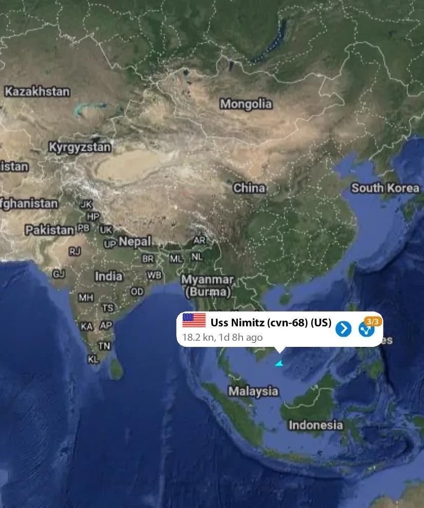 根据 AIS 信息，美国尼米兹号航空母舰可能正驶向西亚（预计 5 天后抵达）。