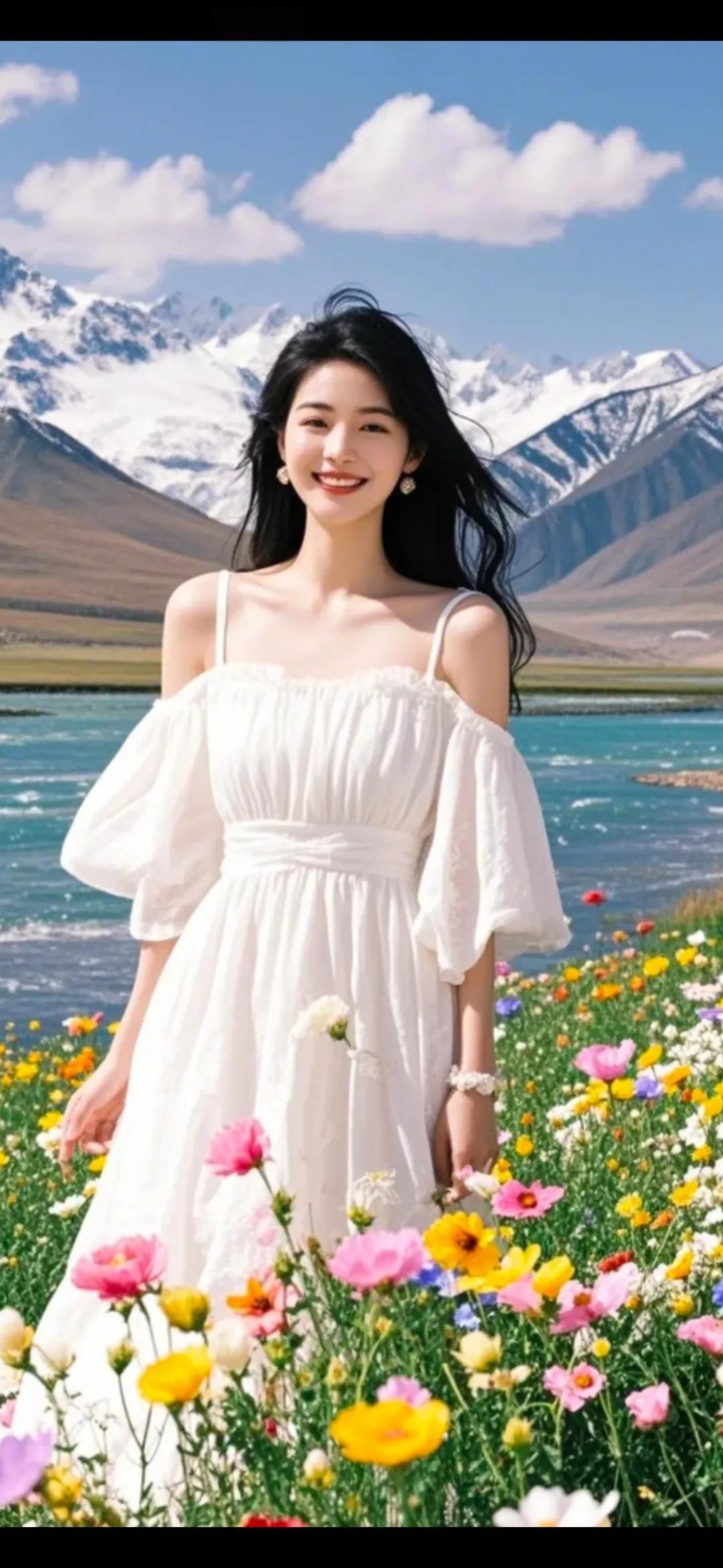 #美女美景诗词分享#
《沁园春·花海仙姿》/马进鹏
花海如潮， 雪岭横空， 碧水