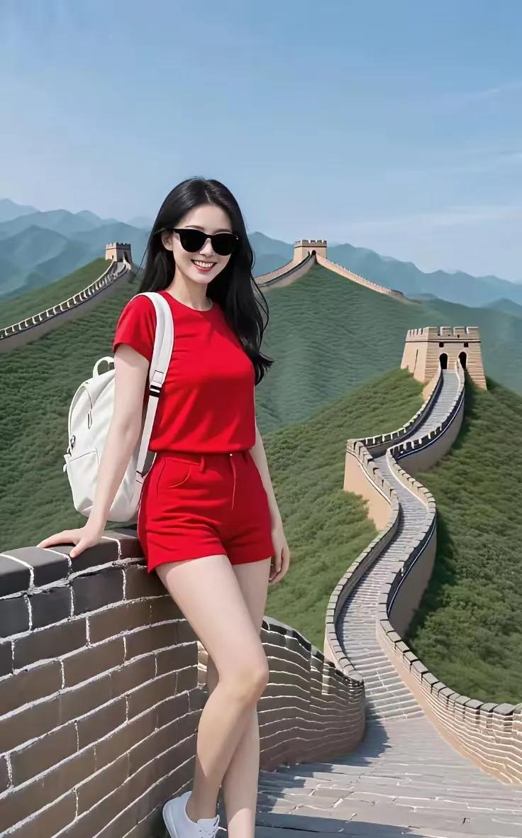 山坡羊·长城行
红衣墙畔，
墨眸云殿，
长城万里龙身现。
意悠然，气昂然，
青山