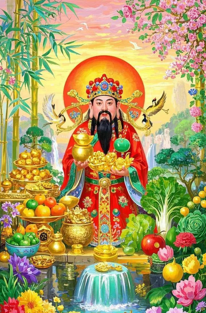 一拜财神进宝门，二拜金银满屋存，
三拜生意兴隆发，四拜钞票滚滚来，
五拜财源通四