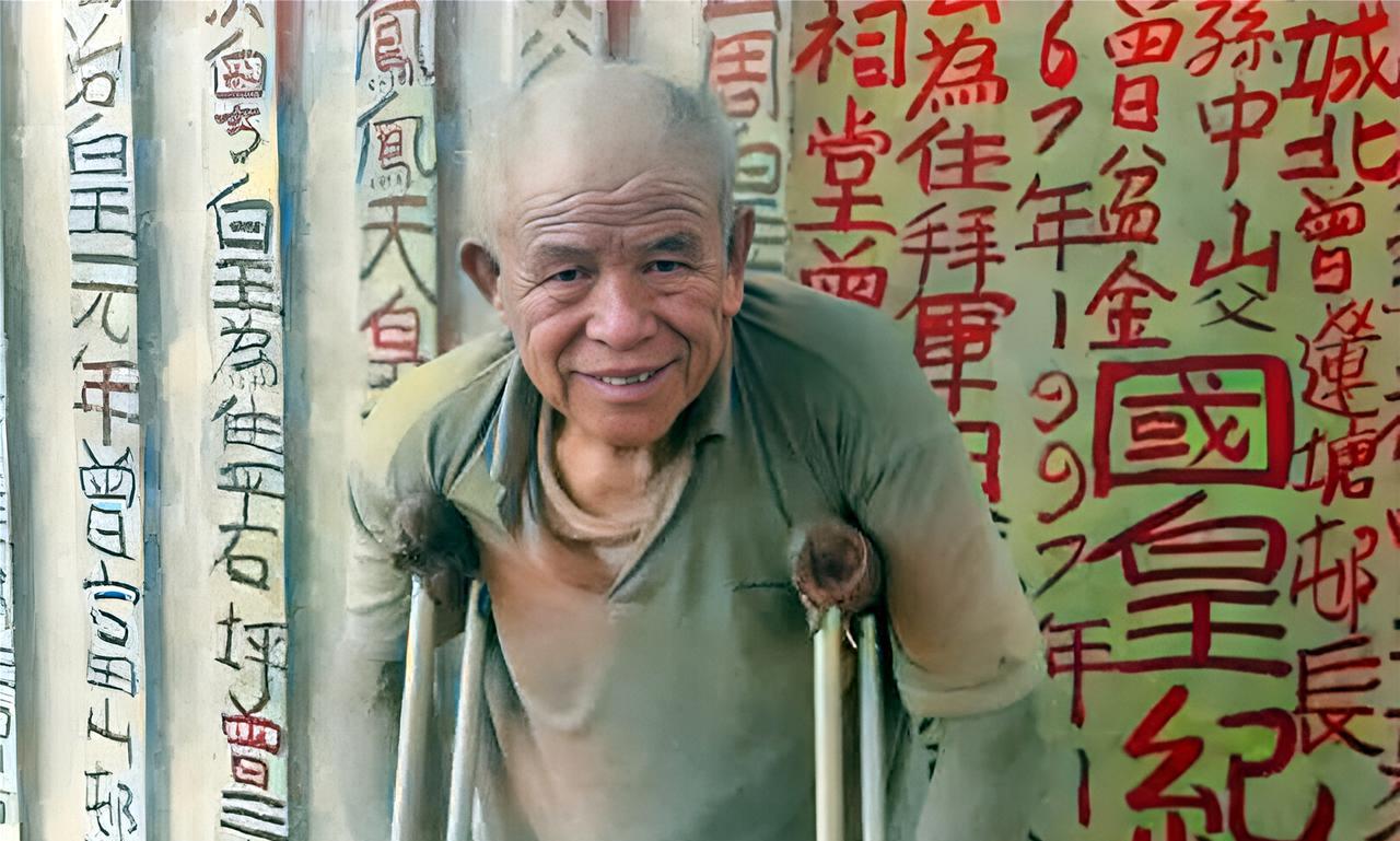 这名拄着双拐，眼神透出诡异目光的老人被称为“九龙皇帝”。他就是香港神秘涂鸦老人曾
