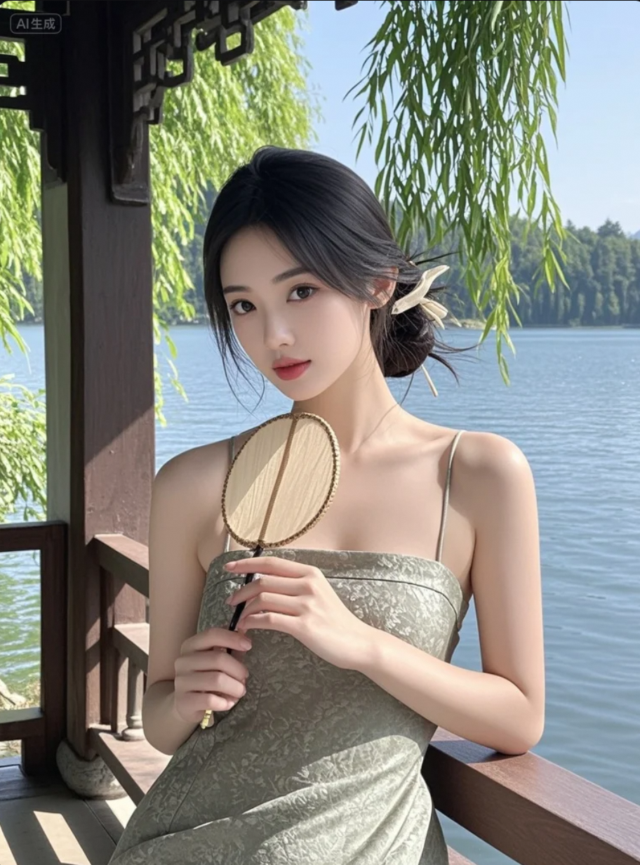 她站在湖边，像一首被风吹散的词