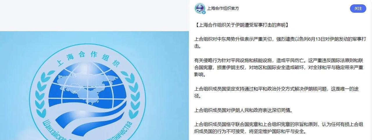 印度在关键时刻插了伊朗一刀，6月14日“上海合作组织”发表了谴责以色列严重侵犯伊