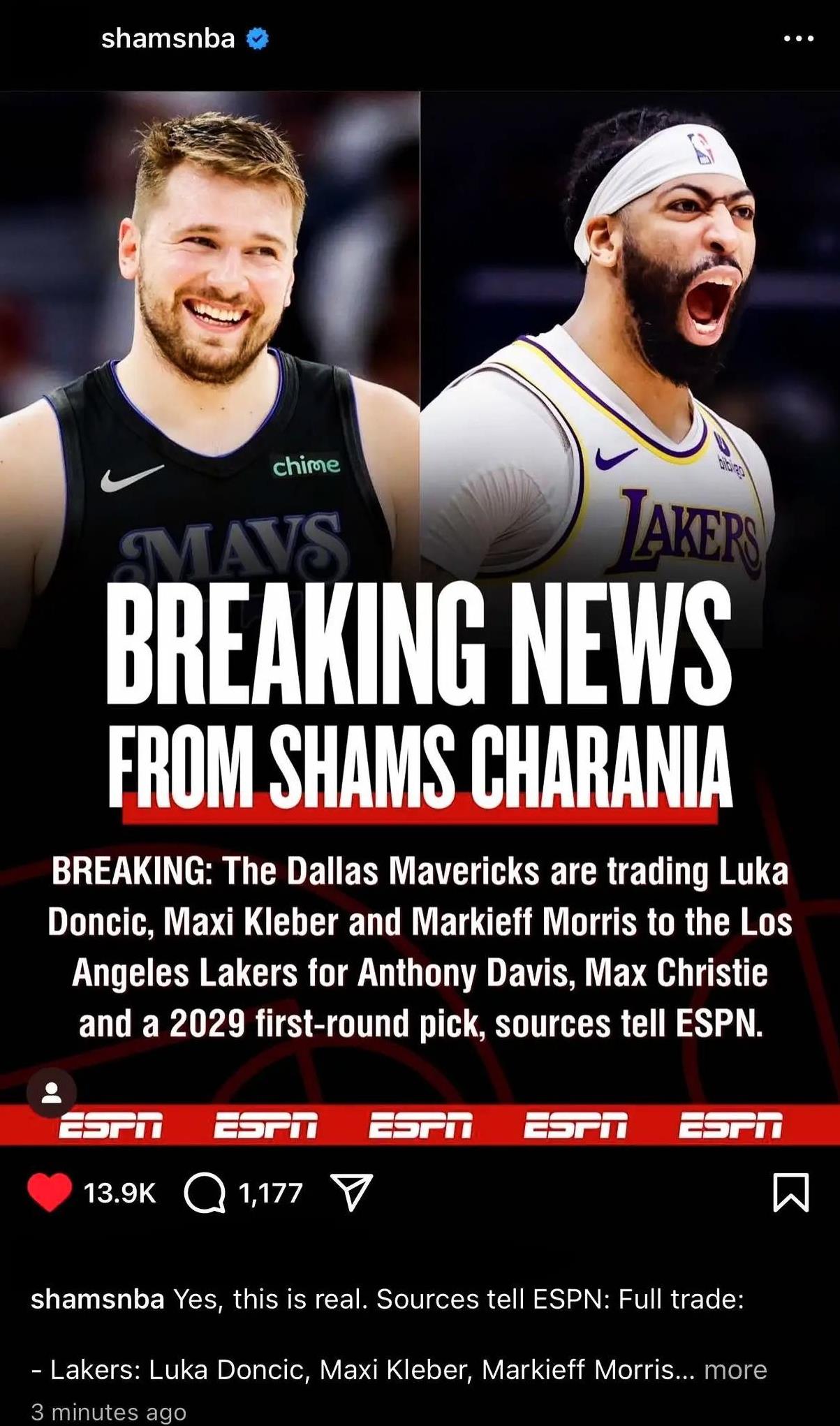 根据ESPN知名记者Shams Charania的报道，湖人与独行侠完成一笔地震