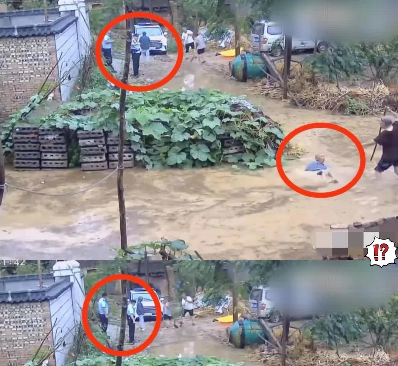 河南周口，一场大雨后积水严重
冯先生的父母因淹水向外转移
83岁的老父亲不慎