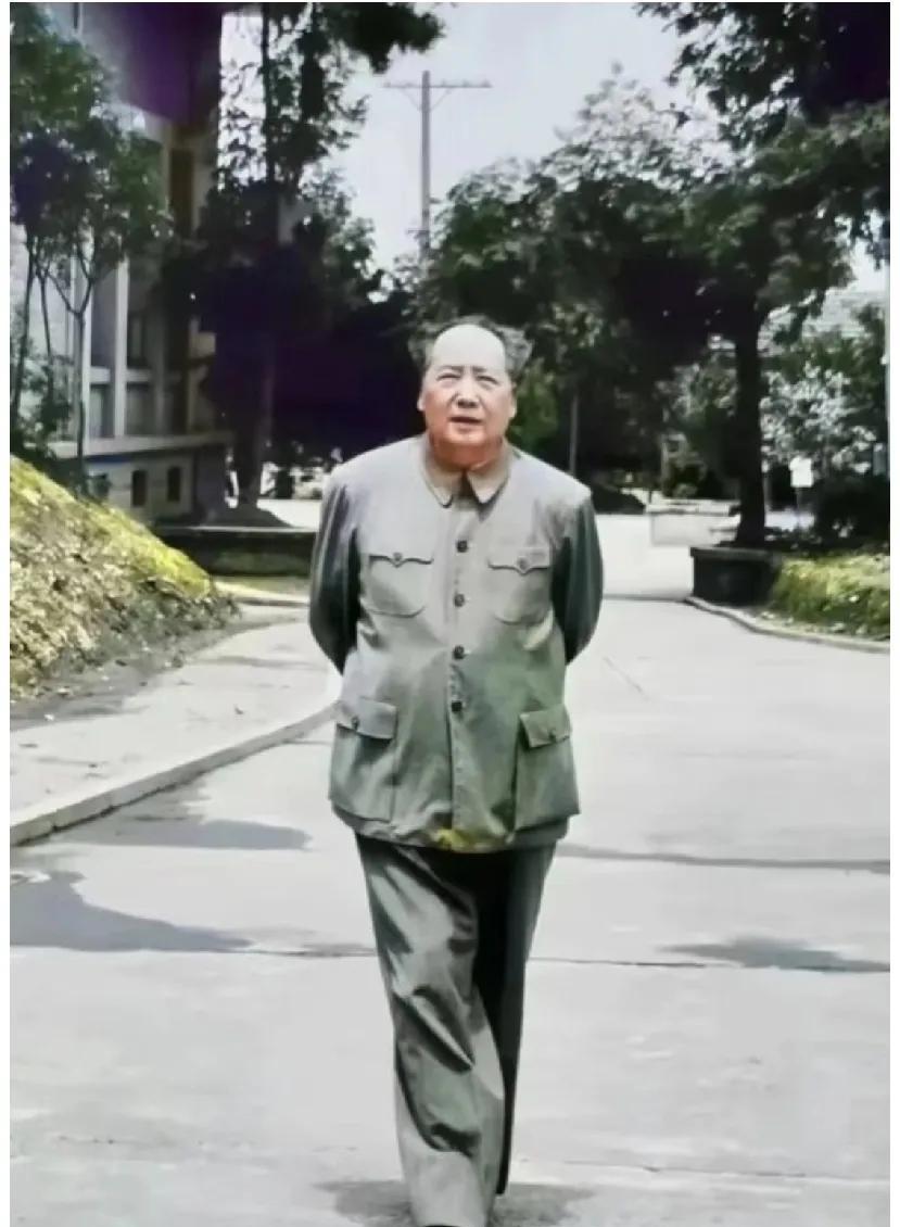 一张伟人散步照，摄影师以独特的视角和精湛的技艺，将伟人的形象全方位展现。画面中，