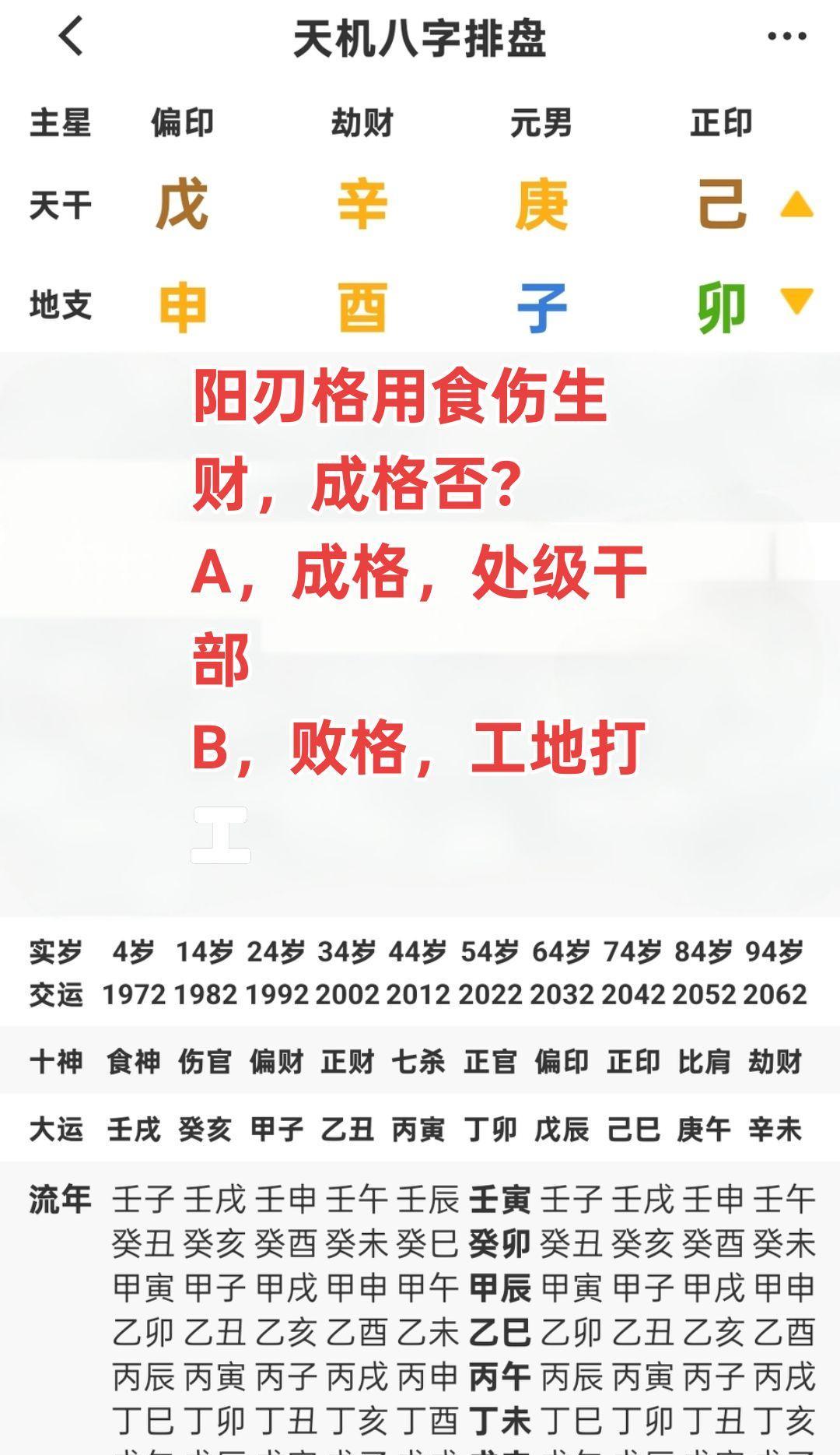 巜格局问津》？？这八字，地支食神和财能用吗？
A，成格，处级
B，败格，百姓