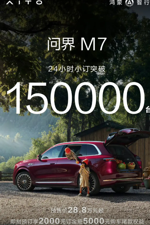 全新问界 M7，24 小时 15 万小订～

月销3万台的30万销冠，现在能限制
