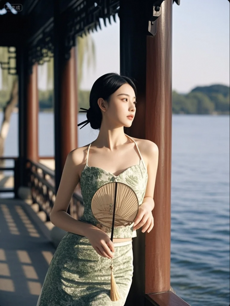 她站在湖边，像一场未醒的梦