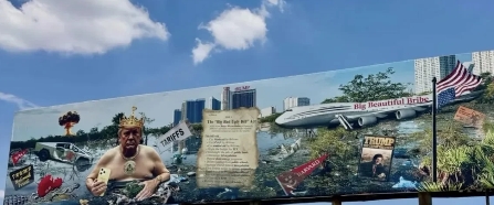 美国亚利桑那州凤凰城市中心竖起了一块新的广告牌，上面是特朗普赤着上身，胸口深陷在