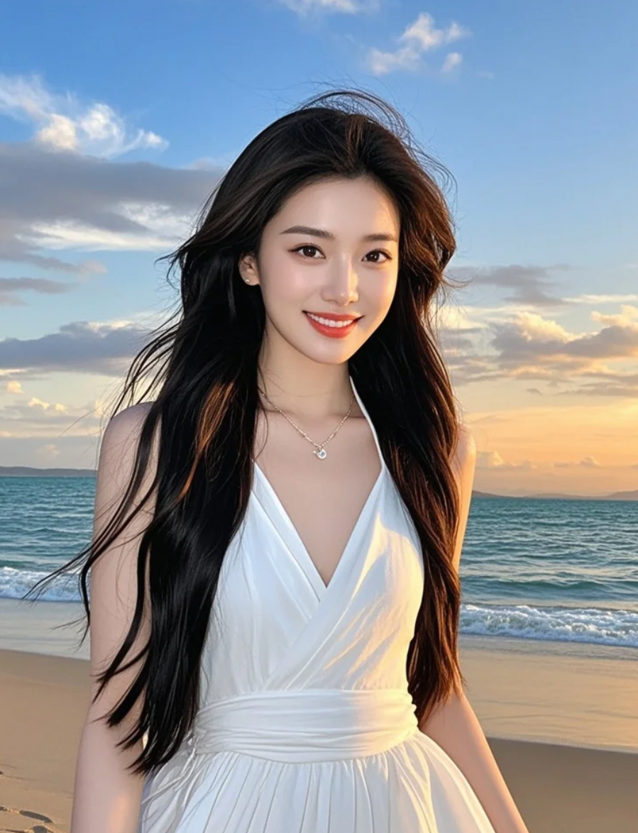 夕阳沉入海平线，她的白裙与长发仍悬在光里