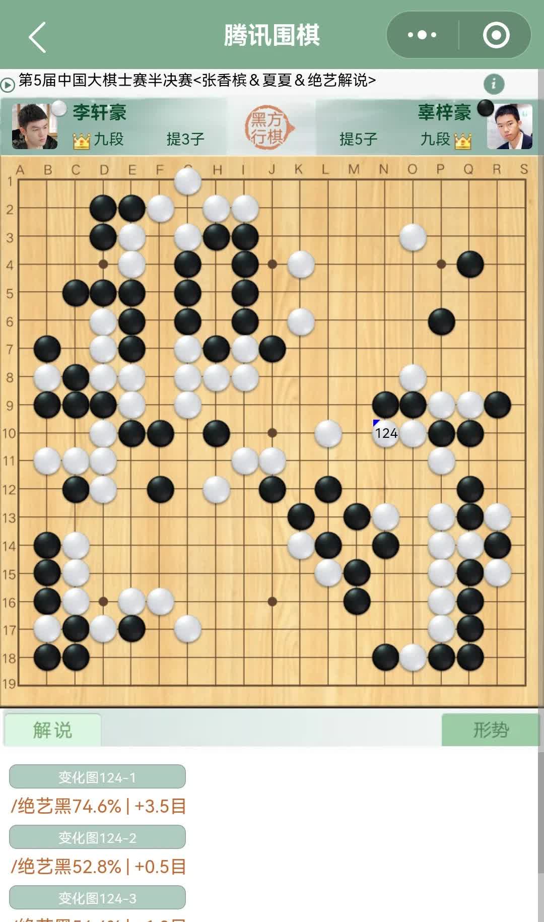 罕见布局落后的李轩豪九段一直在追赶，白124贴，执黑的辜梓豪九段陷入长考，下一手
