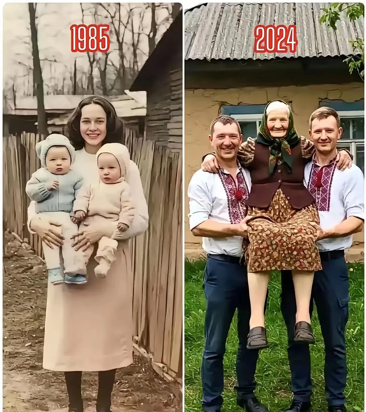 这是一位妈妈和两个儿子，相隔39年的两张合影照。
1985年时，妈妈还很年轻漂亮