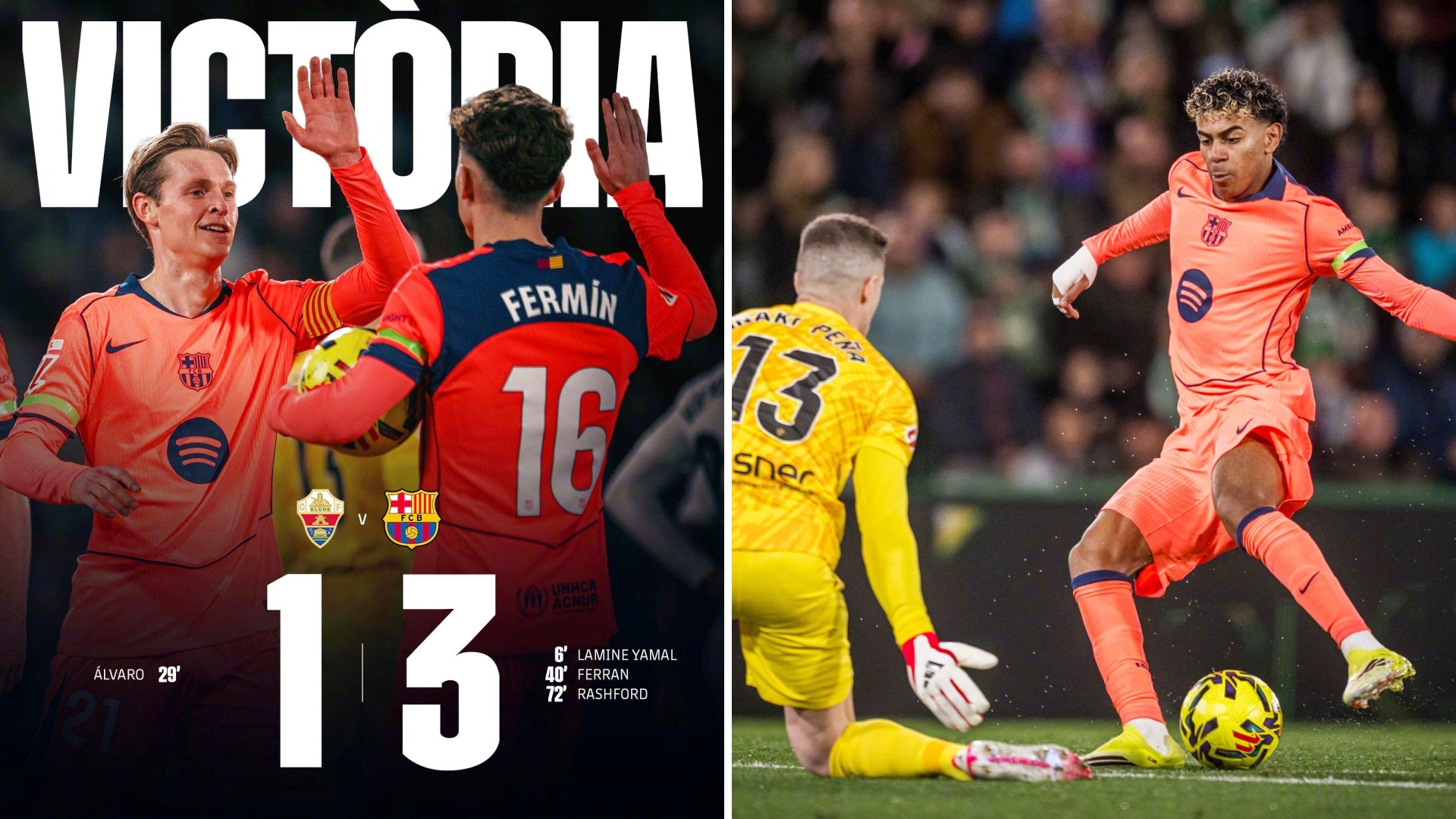 西甲：巴塞罗那客场3-1击败埃尔切，先赛以4分领跑。
亚马尔率先建功，费兰屡失良