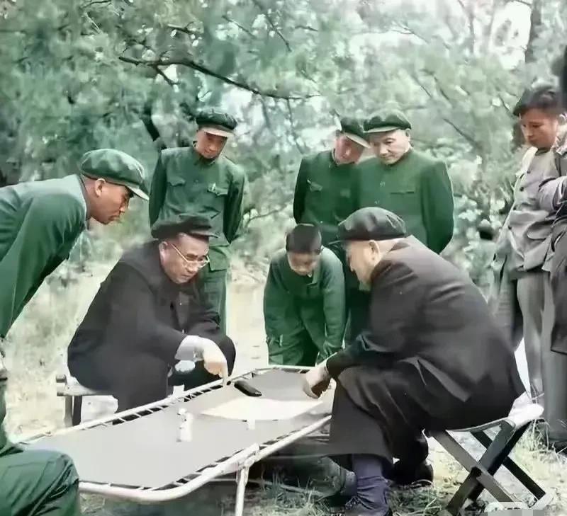 图片里两位老帅正在对阵下棋，旁观者都很守规矩，做到观棋不语真君子，能做到这一点还