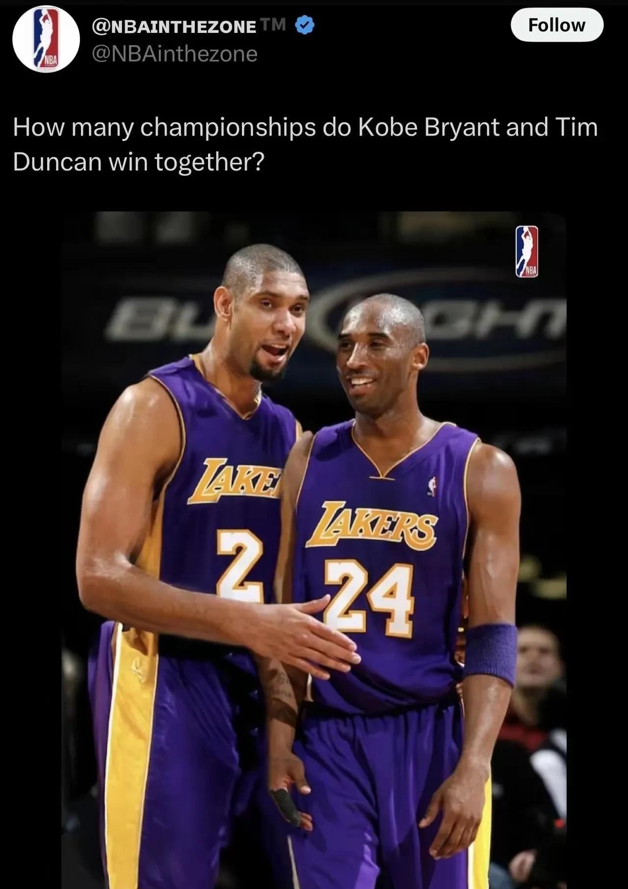 假如科比和邓肯组合，能拿下几冠？
个人觉得至少3冠！
邓肯平替过去就是加索尔，但