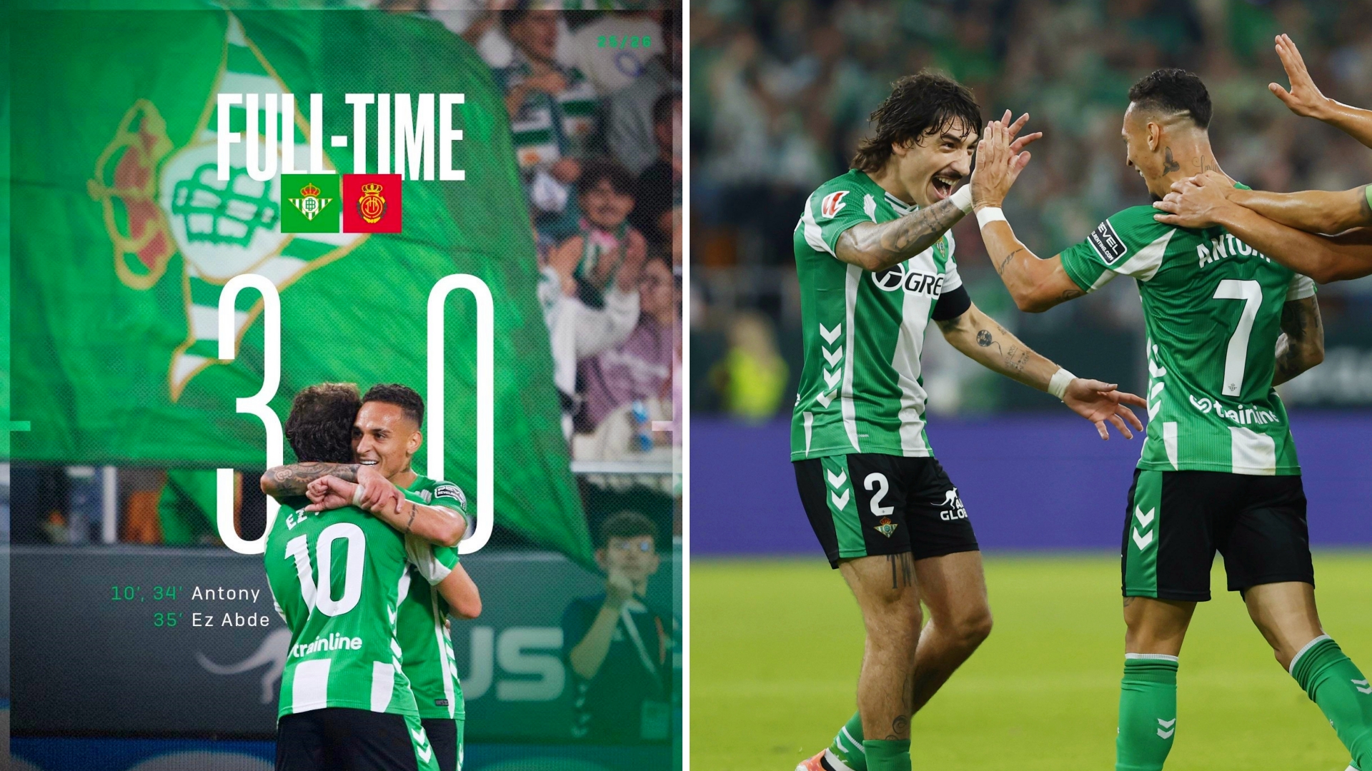 西甲：皇家贝蒂斯主场3-0完胜马洛卡，圆神再发威。
安东尼两轰世界波+助攻，近3