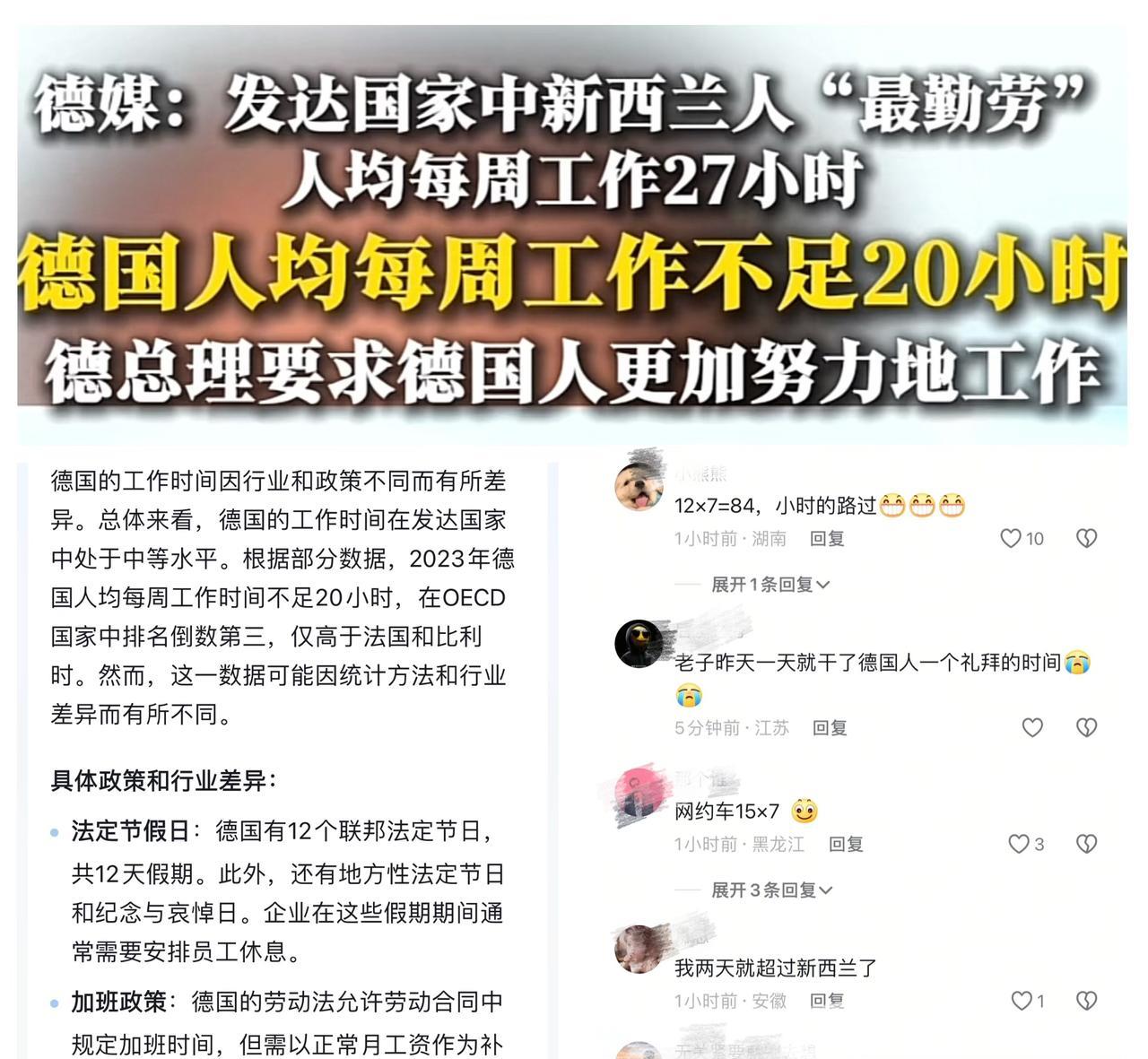 发达国家中“最勤劳”的是新西兰，人均每周工作27小时，按一周五天制，每天工作5.