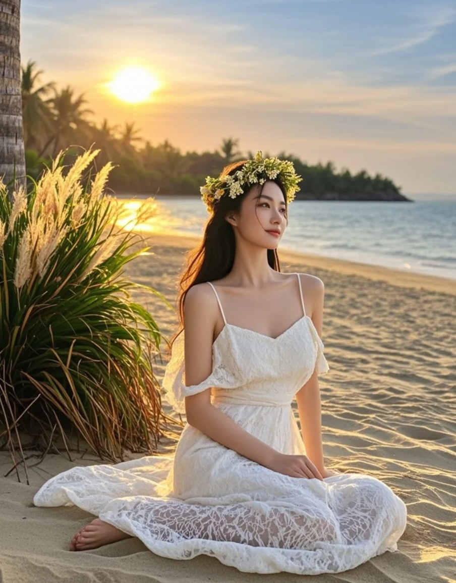 裙摆轻扬，与椰影共舞落日时分