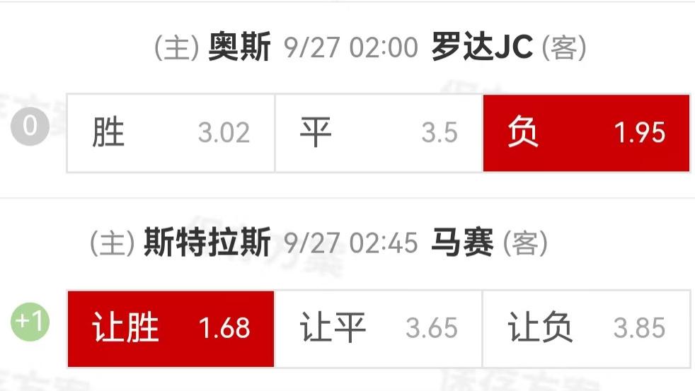 9.26周五精选高赔比赛：多德勒支VS格拉芙夏普+斯特拉斯堡VS马赛