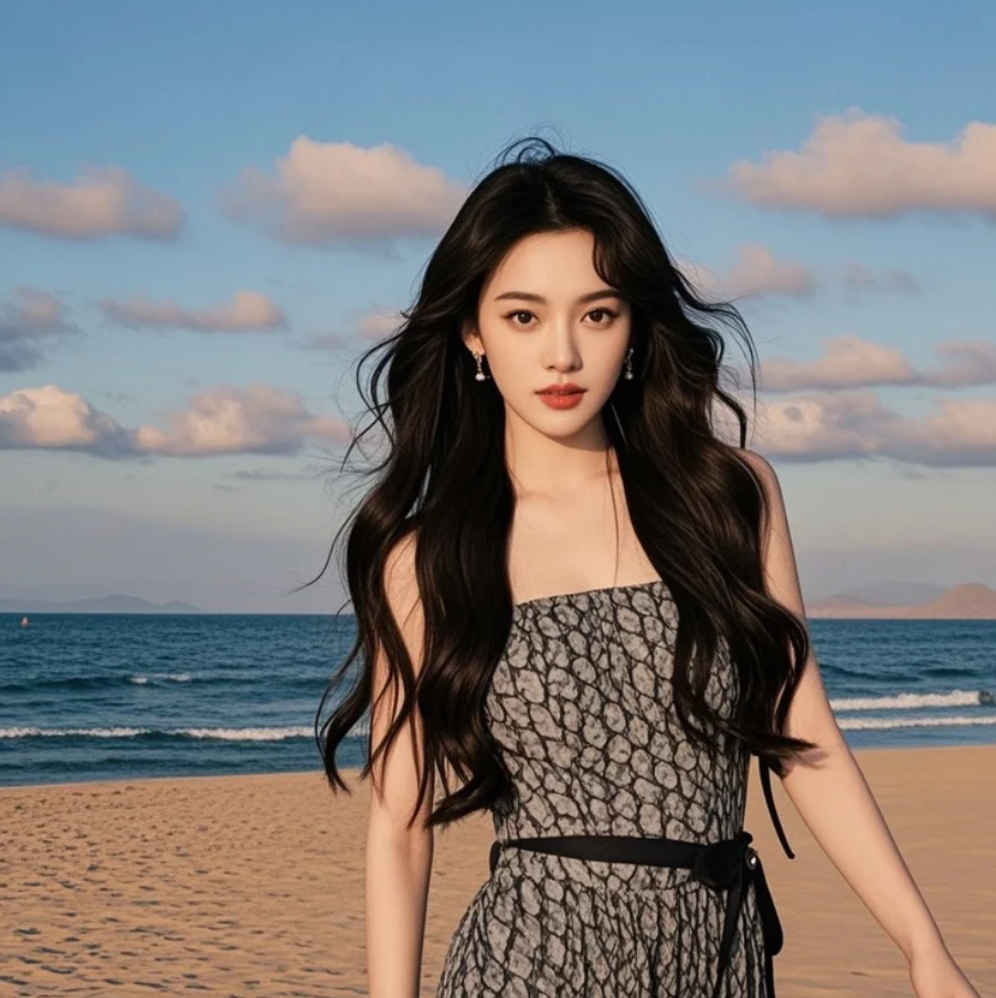 她的长发是海风的琴弦，奏响夏日的私语