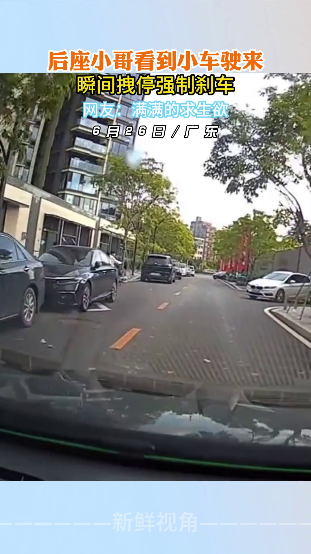 后座小哥看到小车驶来 瞬间拽停强制刹车