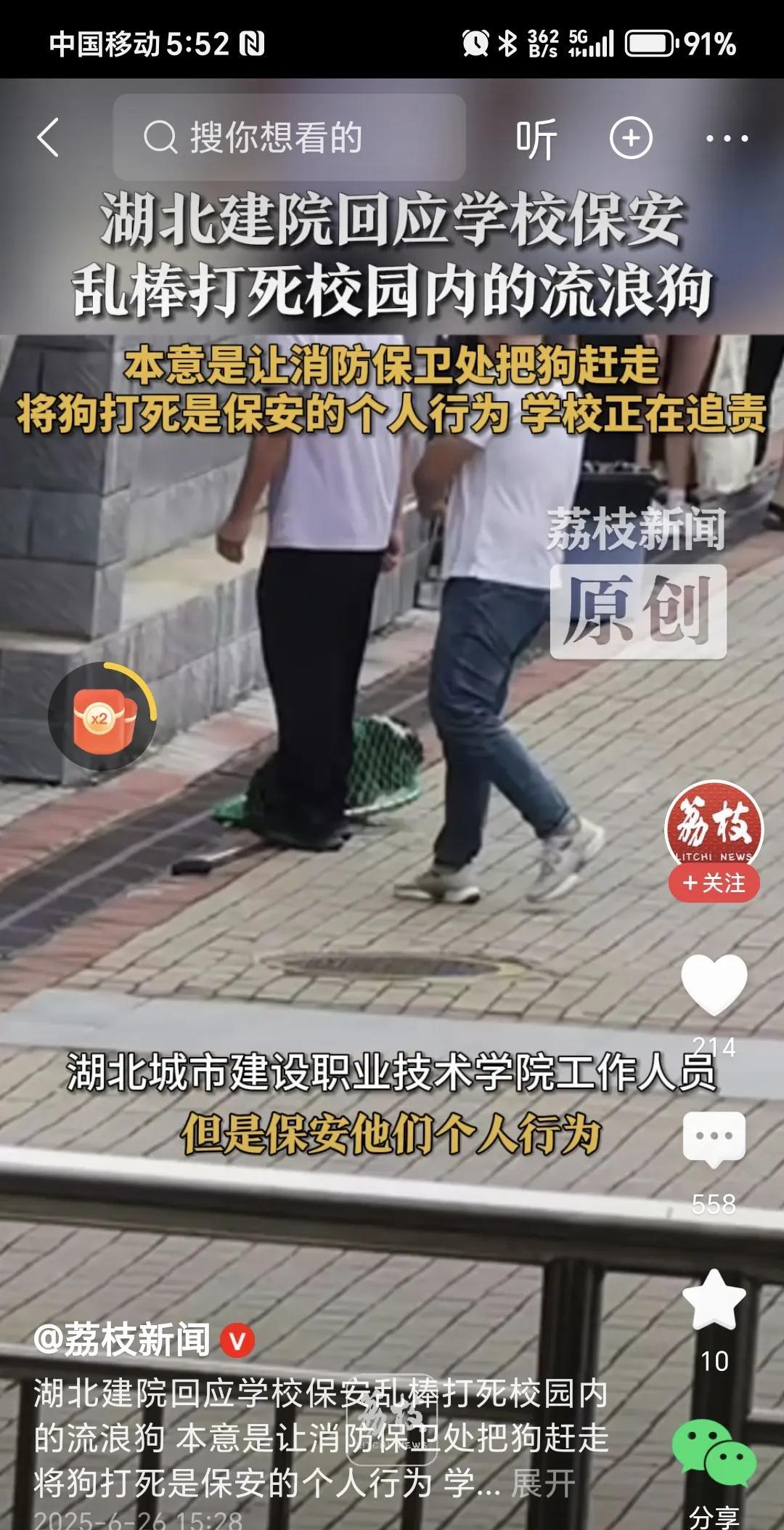 湖北一个学校保安打死流浪狗。
流浪狗在学校内有安全隐患，本应抓捕收容。可是学校没