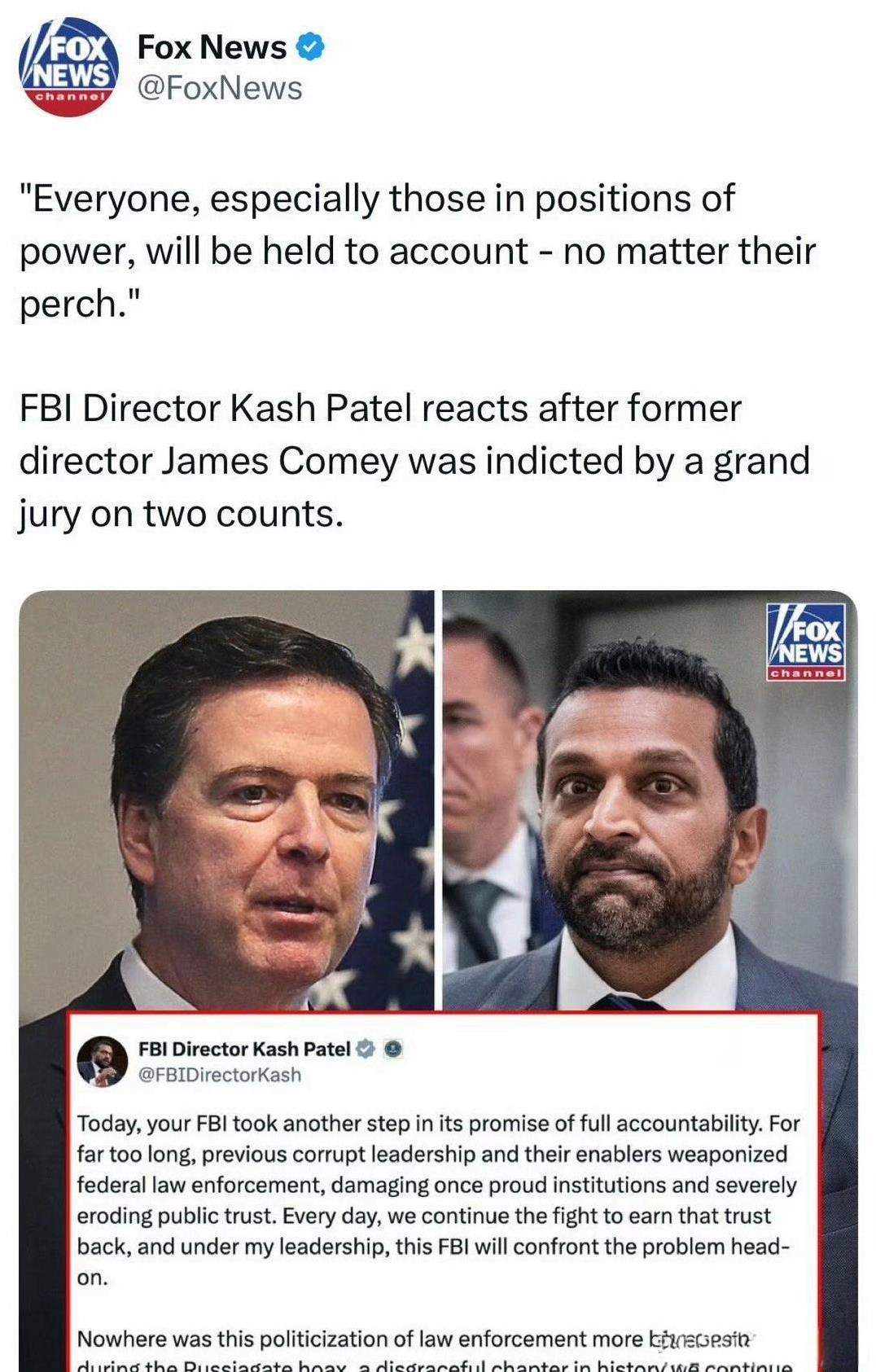 科米终于被起诉，将面临陪审团两项罪名审判。追诉期将在这个月底过期，川普直接发文说