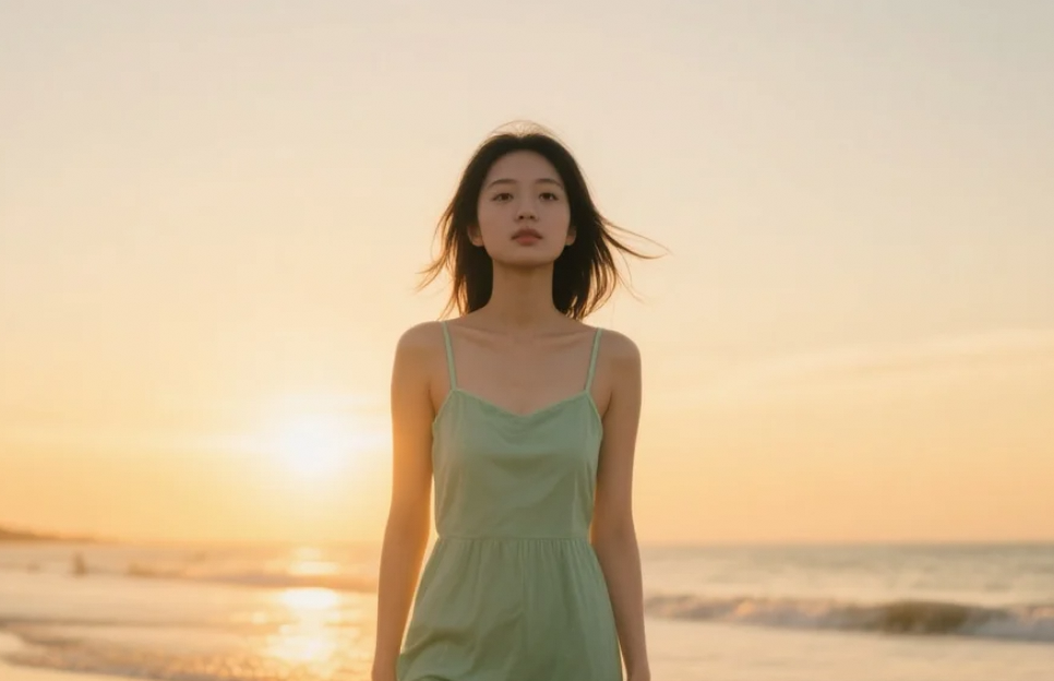 看着海浪一波接一波地涌来，我穿着连衣裙静静地站着，心中满是期待。